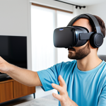 An adult individual, fully clothed in modest, comfortable athletic wear, engaged in a personalized virtual reality rehabilitation session. The person wears a sleek, modern VR headset and holds hand controllers, interacting with a simulated environment. The setting is a bright, modern, and tidy home living room, emphasizing ease of use and a positive, focused expression. Subtle visual cues of advanced technology are integrated into the room, suggesting AI-driven personalization. Professional photography, high resolution, realistic rendering, soft natural lighting, perfect anatomy, correct proportions, natural pose, well-formed hands, proper finger count, natural body proportions, safe for work, appropriate content, fully clothed, professional.