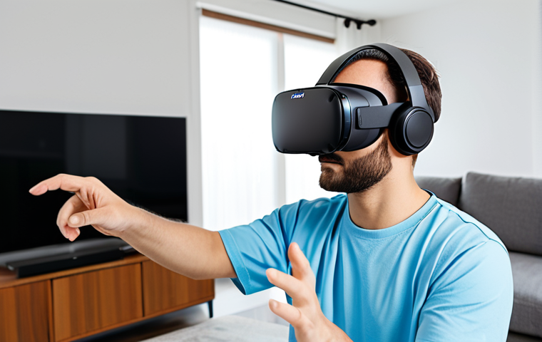 An adult individual, fully clothed in modest, comfortable athletic wear, engaged in a personalized virtual reality rehabilitation session. The person wears a sleek, modern VR headset and holds hand controllers, interacting with a simulated environment. The setting is a bright, modern, and tidy home living room, emphasizing ease of use and a positive, focused expression. Subtle visual cues of advanced technology are integrated into the room, suggesting AI-driven personalization. Professional photography, high resolution, realistic rendering, soft natural lighting, perfect anatomy, correct proportions, natural pose, well-formed hands, proper finger count, natural body proportions, safe for work, appropriate content, fully clothed, professional.