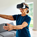 A middle-aged woman in comfortable, modest athletic wear, wearing a professional VR headset, actively engaged in a gamified rehabilitation exercise in a brightly lit, modern living room. She is focused and determined, with a subtle smile indicating motivation and progress. The room is tidy and well-organized, reflecting a home environment, emphasizing accessibility and personalized care. Perfect anatomy, correct proportions, natural pose, well-formed hands, proper finger count, natural body proportions, fully clothed, appropriate attire, professional dress, safe for work, appropriate content, family-friendly, high-quality professional photography, ultra-detailed, sharp focus.