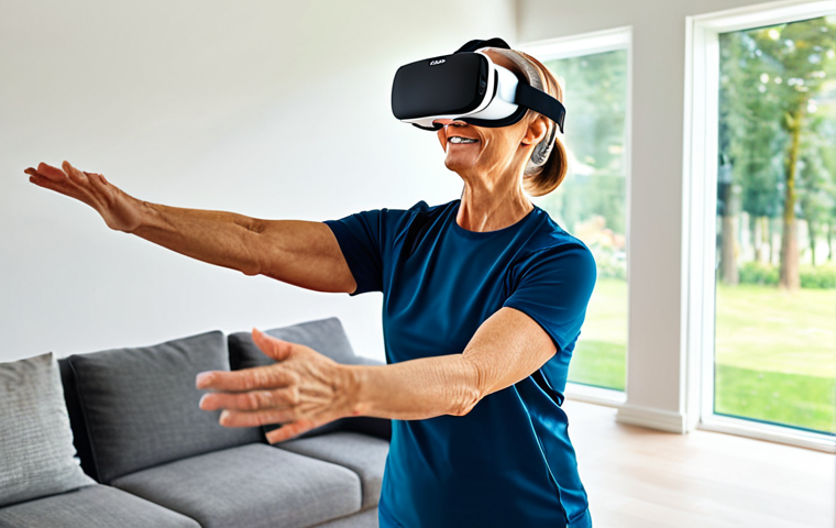 A middle-aged woman in comfortable, modest athletic wear, wearing a professional VR headset, actively engaged in a gamified rehabilitation exercise in a brightly lit, modern living room. She is focused and determined, with a subtle smile indicating motivation and progress. The room is tidy and well-organized, reflecting a home environment, emphasizing accessibility and personalized care. Perfect anatomy, correct proportions, natural pose, well-formed hands, proper finger count, natural body proportions, fully clothed, appropriate attire, professional dress, safe for work, appropriate content, family-friendly, high-quality professional photography, ultra-detailed, sharp focus.