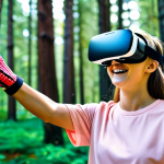A young adult patient, fully clothed in comfortable, modest athletic wear, wearing a sleek VR headset and haptic gloves. They are enthusiastically reaching out, as if grabbing a virtual apple from a tree or collecting glowing orbs in a fantastical forest environment. Their expression is focused and joyful, conveying a sense of adventure and achievement. The setting is a bright, modern rehabilitation gym, with natural light streaming in. The background subtly blurs to emphasize the vibrant and colorful virtual world the patient is experiencing. Professional photography, high quality, perfect anatomy, correct proportions, natural pose, well-formed hands, proper finger count, natural body proportions, safe for work, appropriate content, fully clothed, modest clothing, family-friendly.