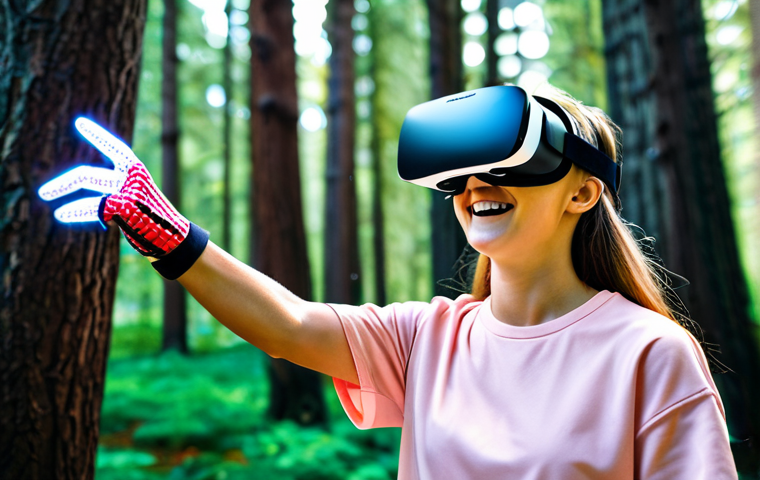A young adult patient, fully clothed in comfortable, modest athletic wear, wearing a sleek VR headset and haptic gloves. They are enthusiastically reaching out, as if grabbing a virtual apple from a tree or collecting glowing orbs in a fantastical forest environment. Their expression is focused and joyful, conveying a sense of adventure and achievement. The setting is a bright, modern rehabilitation gym, with natural light streaming in. The background subtly blurs to emphasize the vibrant and colorful virtual world the patient is experiencing. Professional photography, high quality, perfect anatomy, correct proportions, natural pose, well-formed hands, proper finger count, natural body proportions, safe for work, appropriate content, fully clothed, modest clothing, family-friendly.