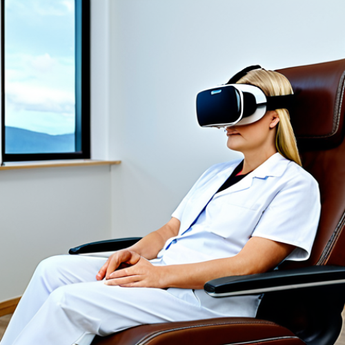 VR Therapy Session**

A patient, fully clothed in comfortable, modest clothing, wearing a VR headset, sits in a comfortable chair in a modern medical clinic. A healthcare professional, also fully clothed in professional attire, monitors the session with a supportive and caring expression. The VR display shows a peaceful, natural scene like a forest or beach. Safe for work, appropriate content, family-friendly, professional, perfect anatomy, natural pose, well-formed hands, proper finger count, high quality.

**