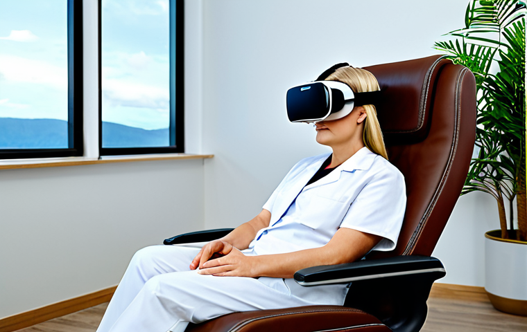 VR Therapy Session**

A patient, fully clothed in comfortable, modest clothing, wearing a VR headset, sits in a comfortable chair in a modern medical clinic. A healthcare professional, also fully clothed in professional attire, monitors the session with a supportive and caring expression. The VR display shows a peaceful, natural scene like a forest or beach. Safe for work, appropriate content, family-friendly, professional, perfect anatomy, natural pose, well-formed hands, proper finger count, high quality.

**