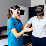 **

"A modern physiotherapy clinic, featuring a patient using a VR headset while fully clothed and engaged in a rehabilitation exercise. The UI inside the headset is visible, showing gamified elements and progress tracking. The physiotherapist is monitoring the patient. safe for work, appropriate content, fully clothed, professional setting, perfect anatomy, natural pose, well-lit, high quality render, modest environment, family-friendly."

**