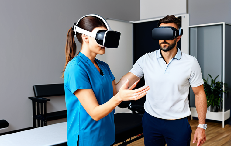 **

"A modern physiotherapy clinic, featuring a patient using a VR headset while fully clothed and engaged in a rehabilitation exercise. The UI inside the headset is visible, showing gamified elements and progress tracking. The physiotherapist is monitoring the patient. safe for work, appropriate content, fully clothed, professional setting, perfect anatomy, natural pose, well-lit, high quality render, modest environment, family-friendly."

**