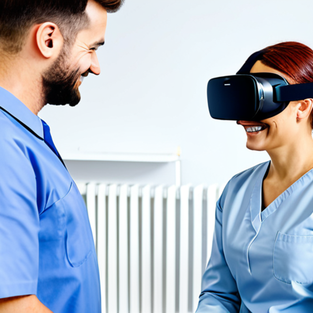 VR Rehabilitation Consultation**
A professional physical therapist in a brightly lit, modern clinic setting is explaining VR rehabilitation to a fully clothed, smiling patient. The patient is seated comfortably, attentively listening. There is a VR headset on the table. The scene is safe for work, professional, and family-friendly. It features perfect anatomy, correct proportions, and a natural pose. The therapist is wearing modest, appropriate medical attire. High quality, professional photography.
**