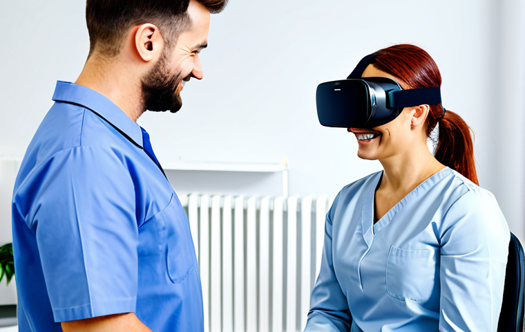 VR Rehabilitation Consultation**
A professional physical therapist in a brightly lit, modern clinic setting is explaining VR rehabilitation to a fully clothed, smiling patient. The patient is seated comfortably, attentively listening. There is a VR headset on the table. The scene is safe for work, professional, and family-friendly. It features perfect anatomy, correct proportions, and a natural pose. The therapist is wearing modest, appropriate medical attire. High quality, professional photography.
**