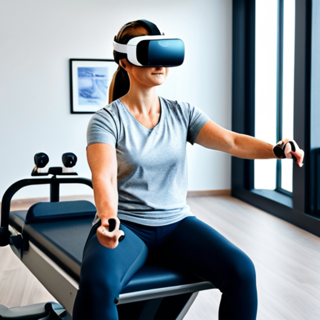 **VR Rehabilitation for Muscle Strength:** "A patient fully clothed in workout attire, using a VR headset while performing physical therapy exercises in a modern rehabilitation center, appropriate content, safe for work, professional medical setting, perfect anatomy, well-formed hands, correct proportions, family-friendly."