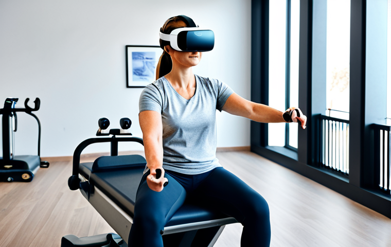 **VR Rehabilitation for Muscle Strength:** "A patient fully clothed in workout attire, using a VR headset while performing physical therapy exercises in a modern rehabilitation center, appropriate content, safe for work, professional medical setting, perfect anatomy, well-formed hands, correct proportions, family-friendly."