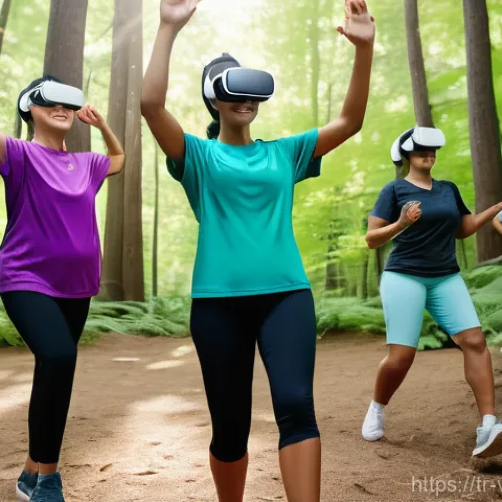 VR 재활치료의 집단 치료 효과 - **VR Group Therapy in Diverse Environments:**
"A vibrant, high-angle shot capturing a diverse gr...
