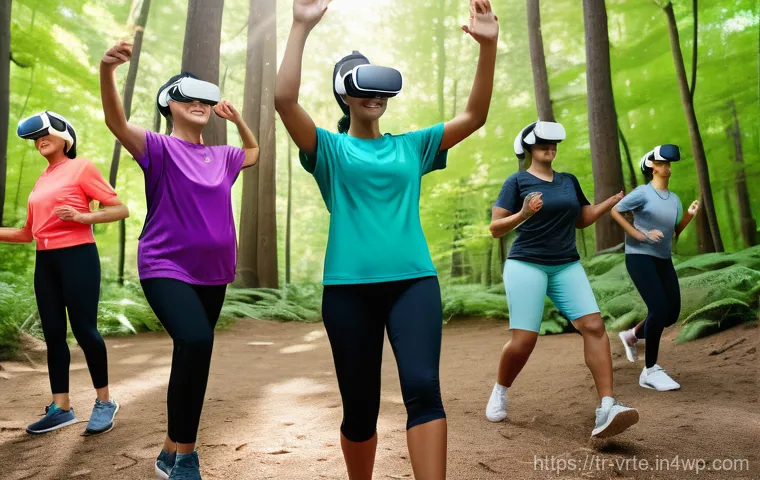 VR 재활치료의 집단 치료 효과 - **VR Group Therapy in Diverse Environments:**
"A vibrant, high-angle shot capturing a diverse gr...