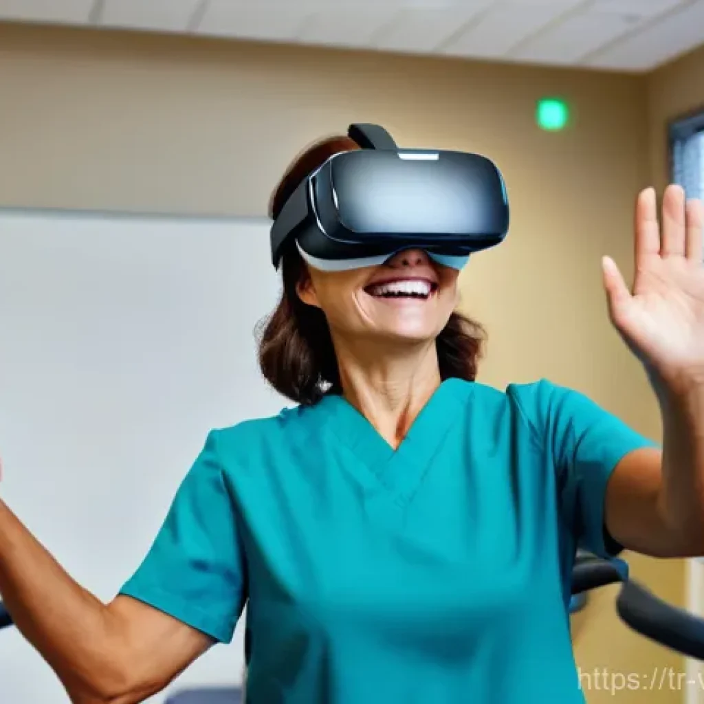 가상현실 재활치료의 환자 리포트 작성법 - A middle-aged female stroke patient, wearing comfortable athletic wear and a VR headset, is joyfully...