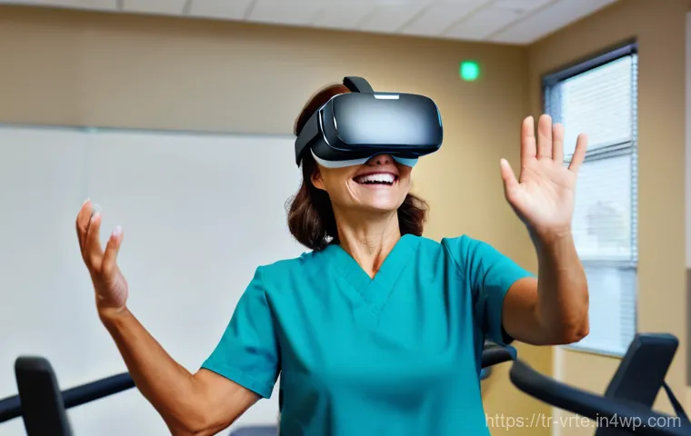 가상현실 재활치료의 환자 리포트 작성법 - A middle-aged female stroke patient, wearing comfortable athletic wear and a VR headset, is joyfully...