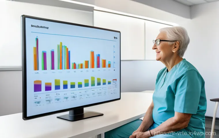 가상현실 재활치료의 환자 리포트 작성법 - A middle-aged female stroke patient, wearing comfortable athletic wear and a VR headset, is joyfully...