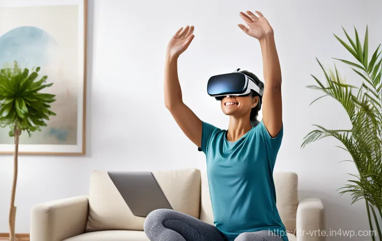 가상현실 재활치료의 원격 치료 가능성 - **Prompt 1: Empowering Home-Based VR Physical Therapy**
    "A vibrant, eye-level shot of a middle-a...