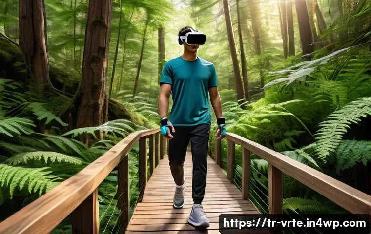 가상현실 재활치료의 연구 결과 요약 - **Virtual Reality Forest Rehabilitation:** A vibrant, high-definition image of a male patient in his...