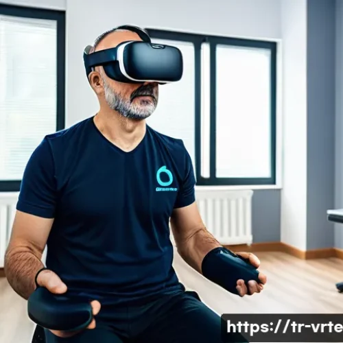 Home 32 VR 재활치료의 글로벌 동향 - A modern Turkish rehabilitation clinic room featuring a middle-aged male stroke patient wearing comf...