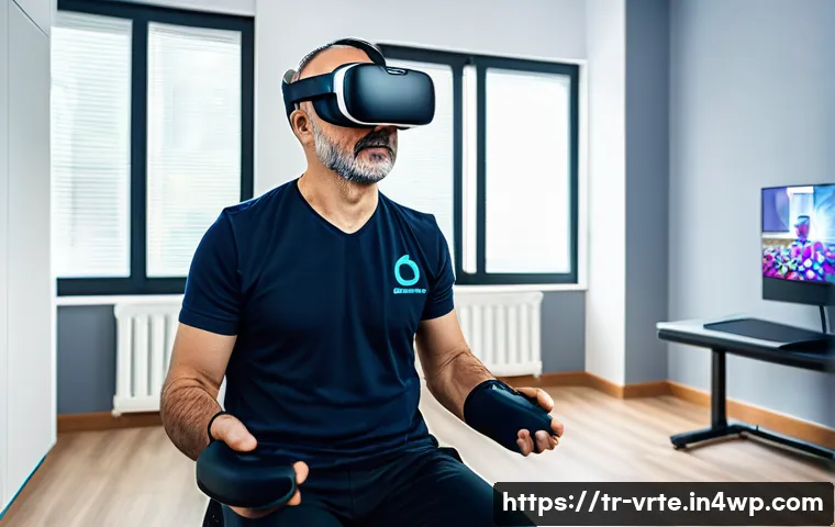 VR 재활치료의 글로벌 동향 - A modern Turkish rehabilitation clinic room featuring a middle-aged male stroke patient wearing comf...