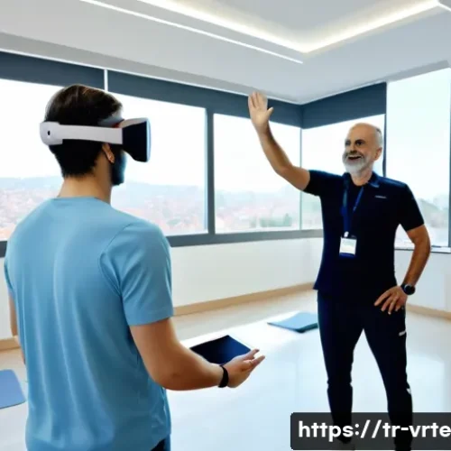 Home 31 VR 재활치료의 신뢰성 연구 - A modern Turkish rehabilitation clinic scene showing a middle-aged male stroke patient wearing comfo...