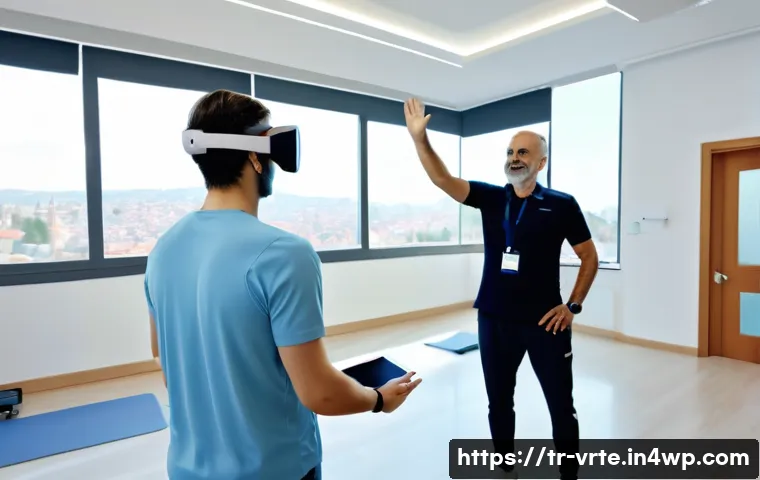 VR 재활치료의 신뢰성 연구 - A modern Turkish rehabilitation clinic scene showing a middle-aged male stroke patient wearing comfo...