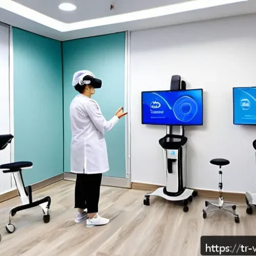 Home 17 가상현실 재활치료의 기술적 한계 - A modern rehabilitation clinic room in Turkey, featuring diverse patients of different ages using li...