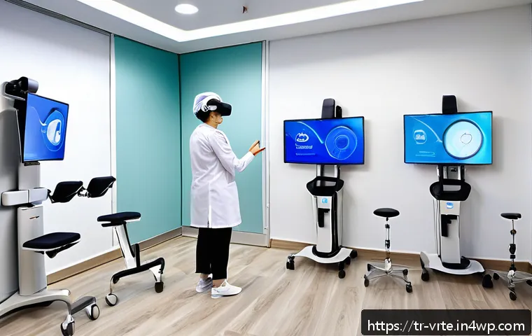 가상현실 재활치료의 기술적 한계 - A modern rehabilitation clinic room in Turkey, featuring diverse patients of different ages using li...