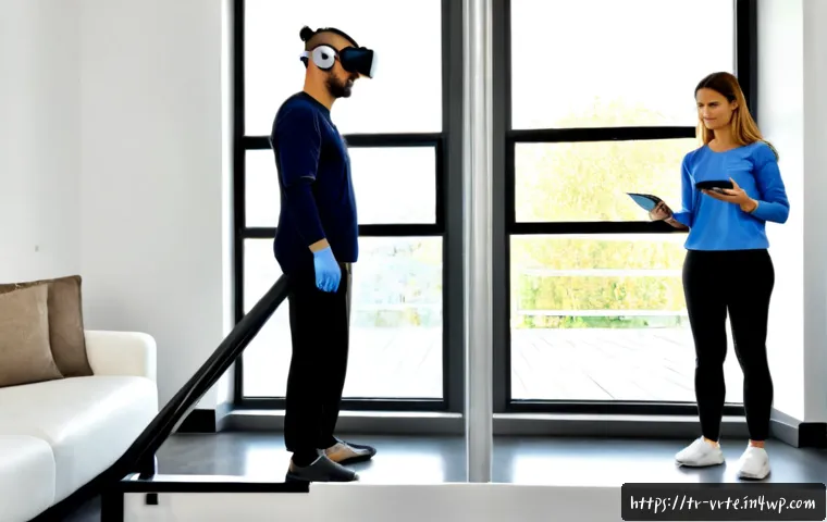Home 17 VR 재활치료의 대응 전략 - Photorealistic rehabilitation clinic in Istanbul, Turkey, a middle-aged patient wearing a modest lon...